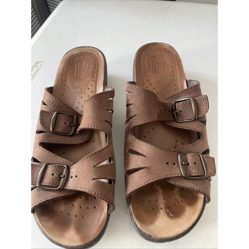 Fly Flot Italian Women's Brown Leather Slide Sandals Anatomic Anti Shock Size 11